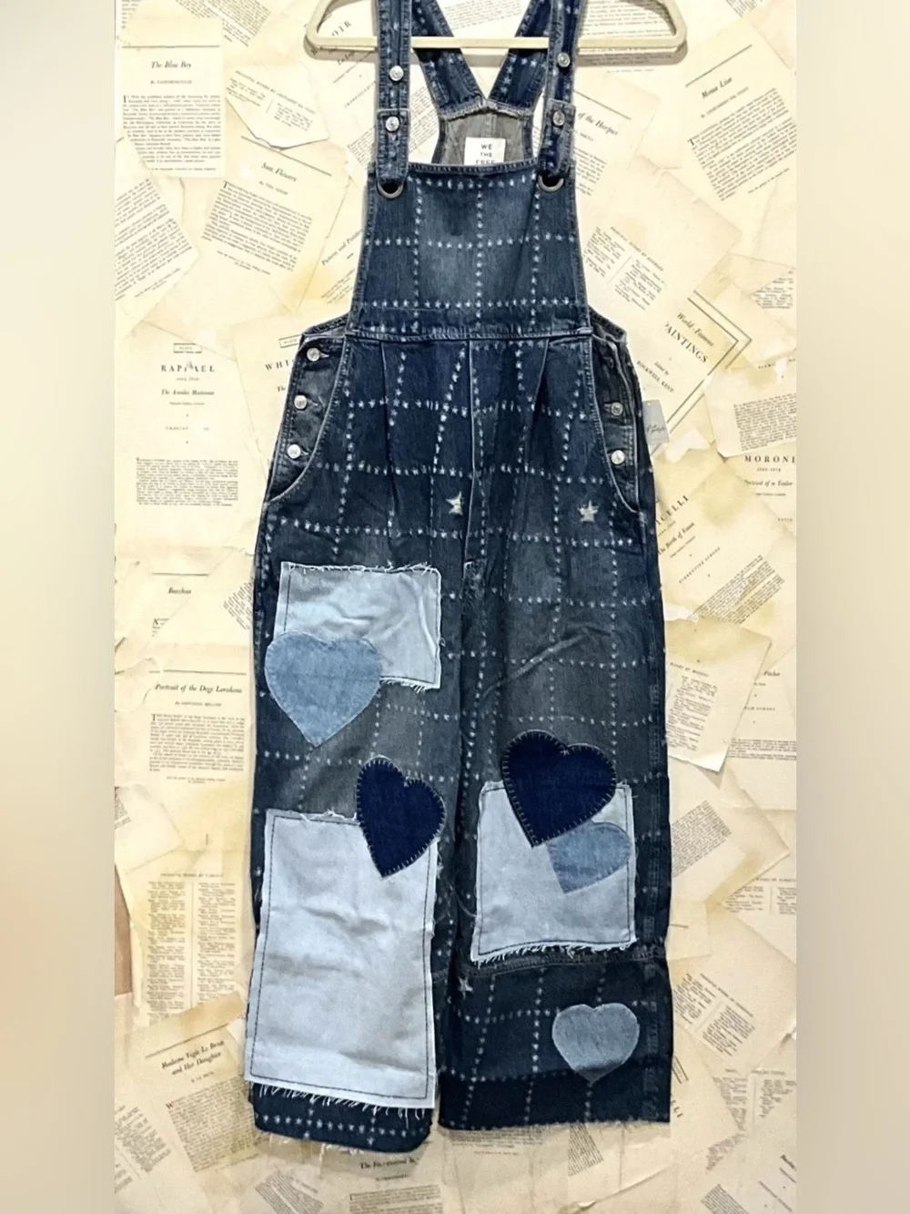 Free People We The Free Rambler Novelty Overalls Heart Appliques Denim - Picture 6 of 6